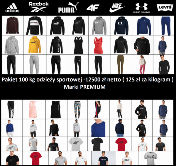 Pakiet odzieży sportowej Marki PREMIUM !!!  %%% WYPRZEDAŻ%%%    100KG-12 500 zł netto   Adidas,Puma,Reebok,Nike,4F,Everlast,Levis (Kopia) (Kopia) (Kopia)