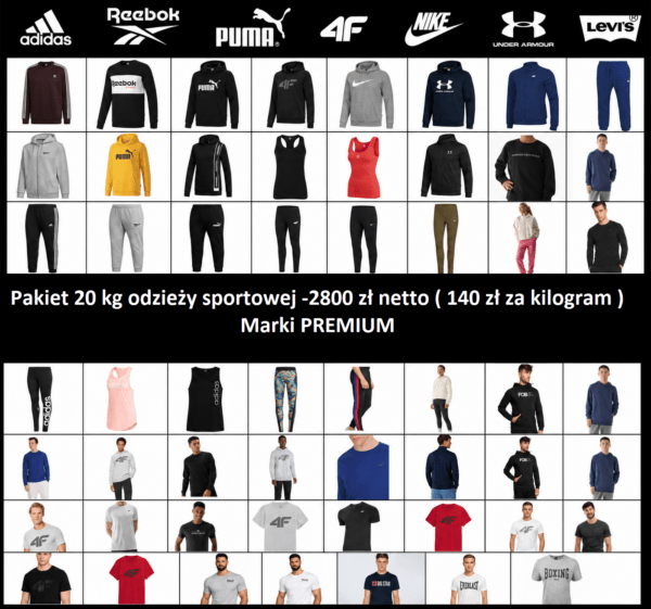 Pakiet odzieży sportowej Marki PREMIUM !!!  %%% WYPRZEDAŻ%%%    20KG-2800 zł netto   Adidas,Puma,Reebok,Nike,4F,Everlast,Levis (Kopia)