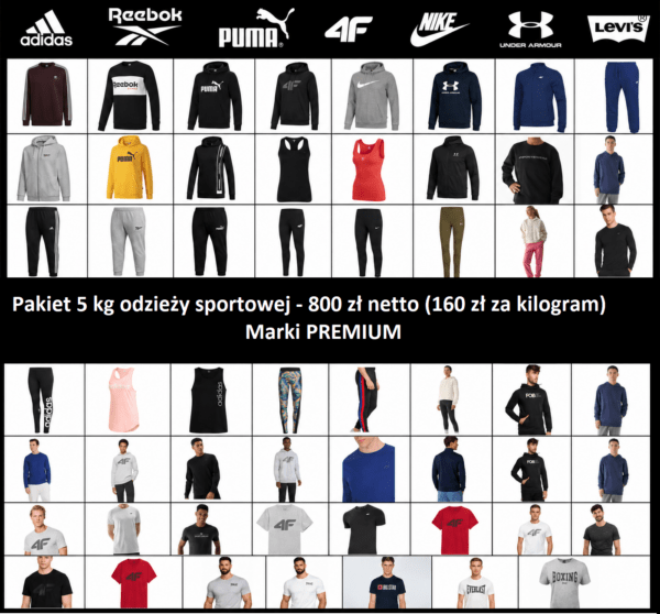 Pakiet odzieży sportowej Marki PREMIUM !!!  %%% WYPRZEDAŻ%%%    5KG-800 zł netto   Adidas,Puma,Reebok,Nike,4F,Everlast,Levis