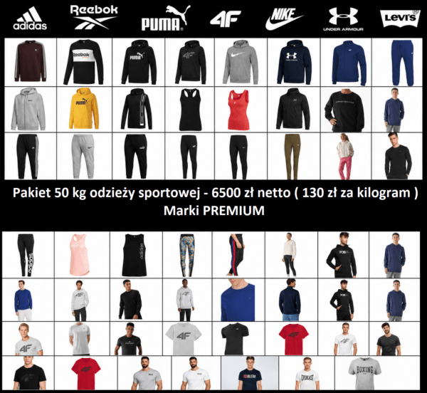 Pakiet odzieży sportowej Marki PREMIUM !!!  %%% WYPRZEDAŻ%%%    50KG-6500 zł netto   Adidas,Puma,Reebok,Nike,4F,Everlast,Levis (Kopia) (Kopia)